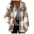 thumbnail image 1 of NAZISHW Women Sherpa Jacket Casual Flannel Colorblock Plaid Shacket Long Sleeve Lapel Button Long Fleece Jackets with Pockets (Brown,L), 1 of 5