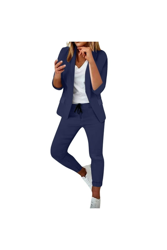 Women Suit Sets for Work Elegant Fall Two Piece Set Casual Blazer Jacket and Pencil Pants Business Office formal Outfits (Navy Blue,S)