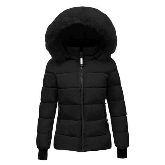NAZISHW Women's 2024 Warm Parka Jacket Short Quilted Waterproof Coat with Faux Fur Hood Sizes M-4Xl Lightweight Winter Outwear (Black,XXL)