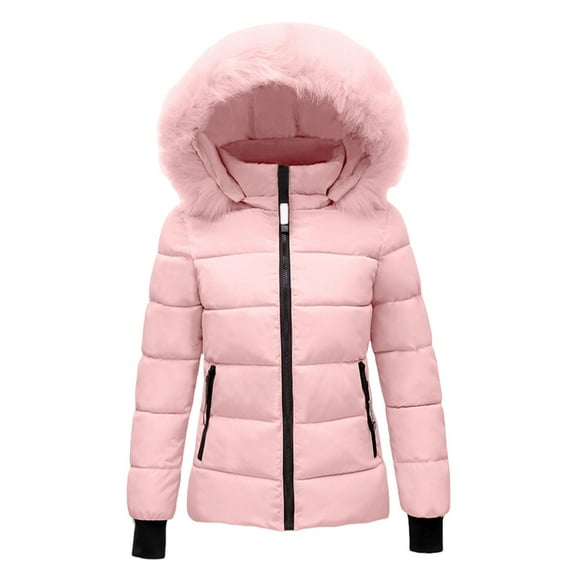 NAZISHW Women's 2024 Warm Parka Jacket Short Quilted Waterproof Coat with Faux Fur Hood Sizes M-4Xl Lightweight Winter Outwear (Pink,XXXXL)