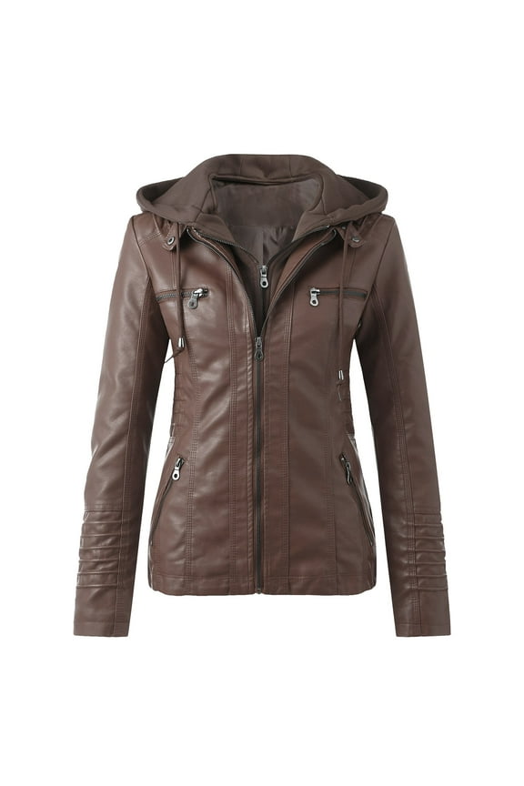Women's Faux Leather Biker Jacket Slim Fit Zipper Cropped Bomber Coat 2024 Fall Fashion (Brown,XXXL)