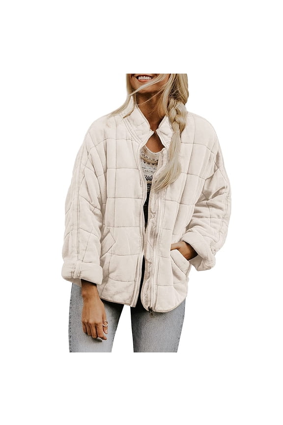 Women's Lightweight Oversized Long Sleeve Zip Water Resistant Packable Puffer Jacket Warm Short Winter Coat (White,S)