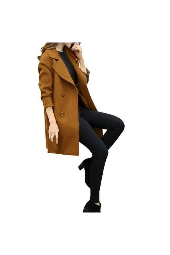 Women's Warm Double Breasted Wool Pea Coat Trench Coat Jacket with Pocket (Coffee,L)