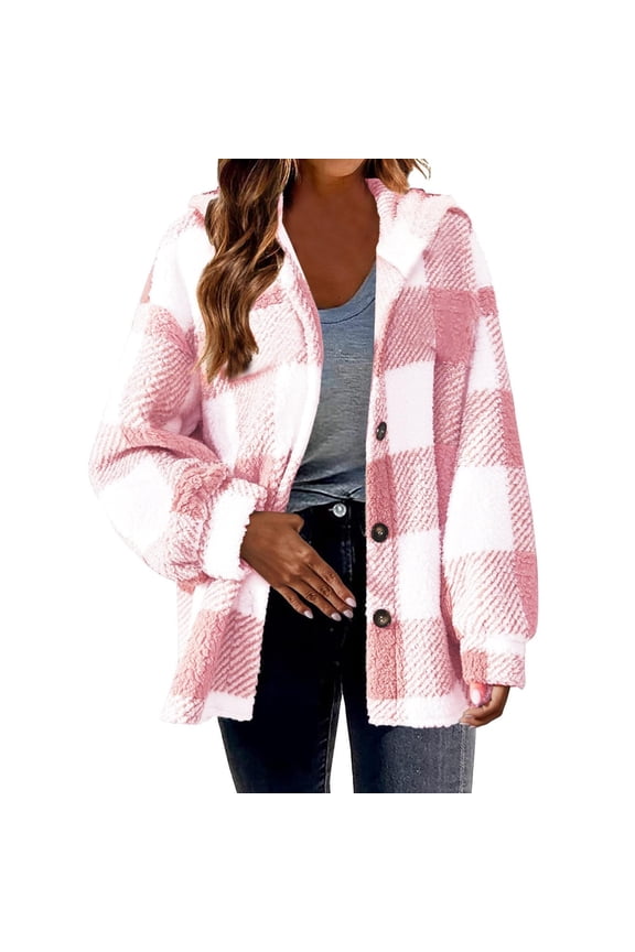 Womens Colorblock Plaid Shacket Winter Coats Warm Plush Hooded Jackets Zip Up Button Cardigan Trendy Plaid Fleece Fuzzy Outerwear (Red,XXXXL)
