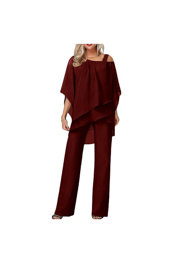 Womens Elegant Chiffon 2 Piece Outfits Half Sleeve Solid Color Irregular Set Ruffle Blouse Wide Leg Pants for Mother Wedding Guest Pant Suit (Red,M)