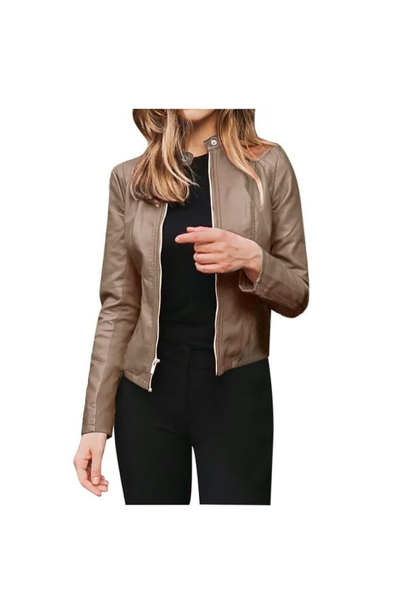 Womens Faux Leather Jackets Biker Motorcycle Zipper Slim Fit Suede Cropped Bomber Coat Plus Size 2024 Fall Fashion (Khaki,XL)