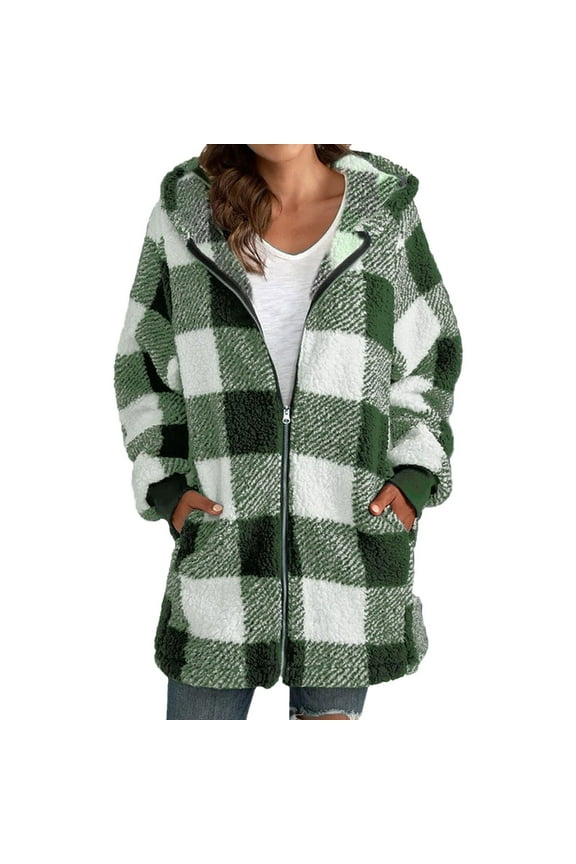 Womens Sherpa Plaid Shacket Hooded Fleece Jacket Fuzzy Open Front Cardigan with Pockets Button Down Outerwear (Green2,L)
