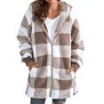 thumbnail image 1 of NAZISHW Womens Sherpa Plaid Shacket Hooded Fleece Jacket Fuzzy Open Front Cardigan with Pockets Button Down Outerwear (Khaki,S), 1 of 5