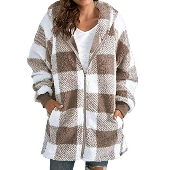 NAZISHW Womens Sherpa Plaid Shacket Hooded Fleece Jacket Fuzzy Open Front Cardigan with Pockets Button Down Outerwear (Khaki,S)