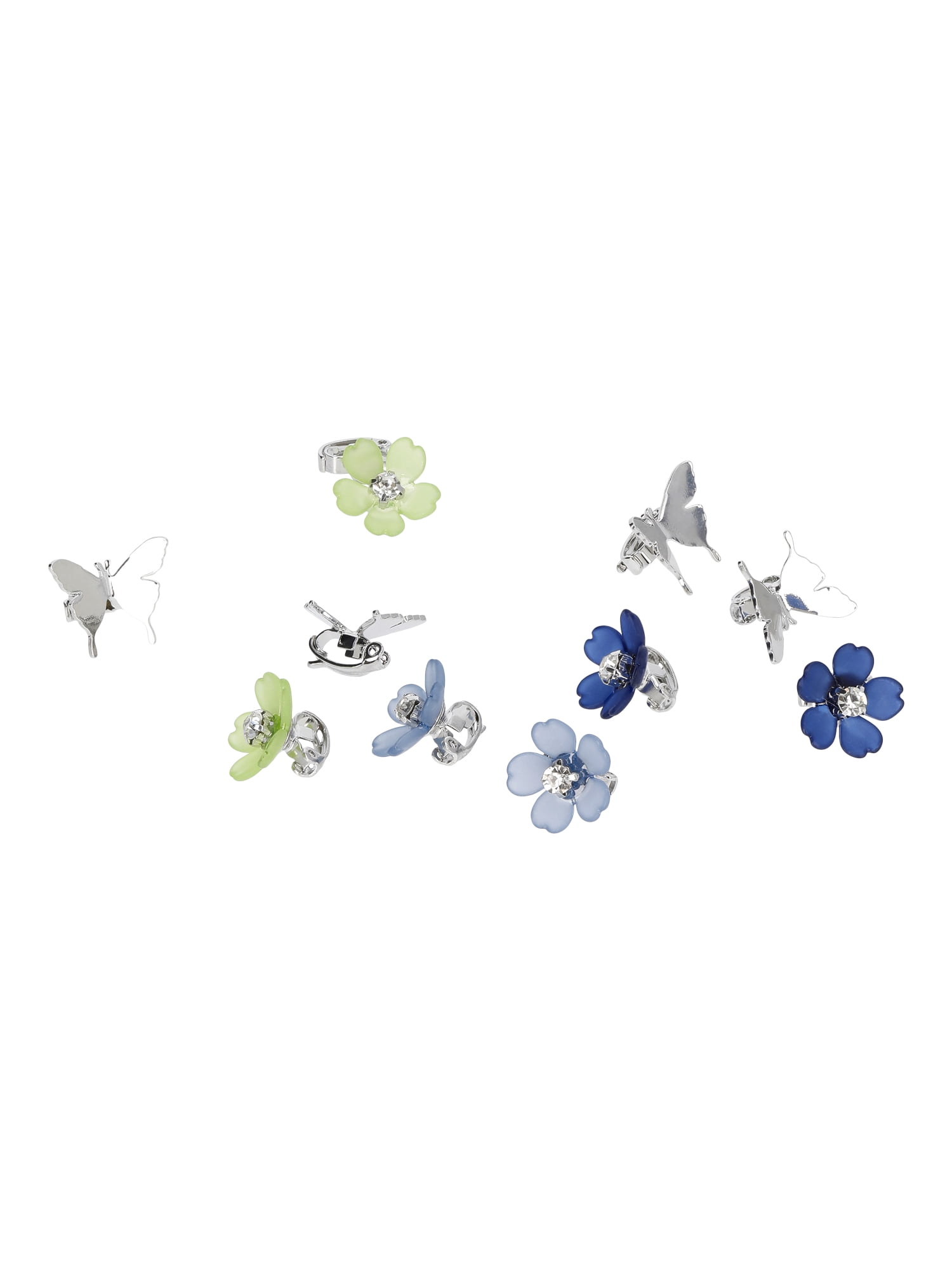 No Boundaries Butterfly and Flower Mini Hair Claw Clips Set, 10-Piece, Women's, Blue/Silvertone
