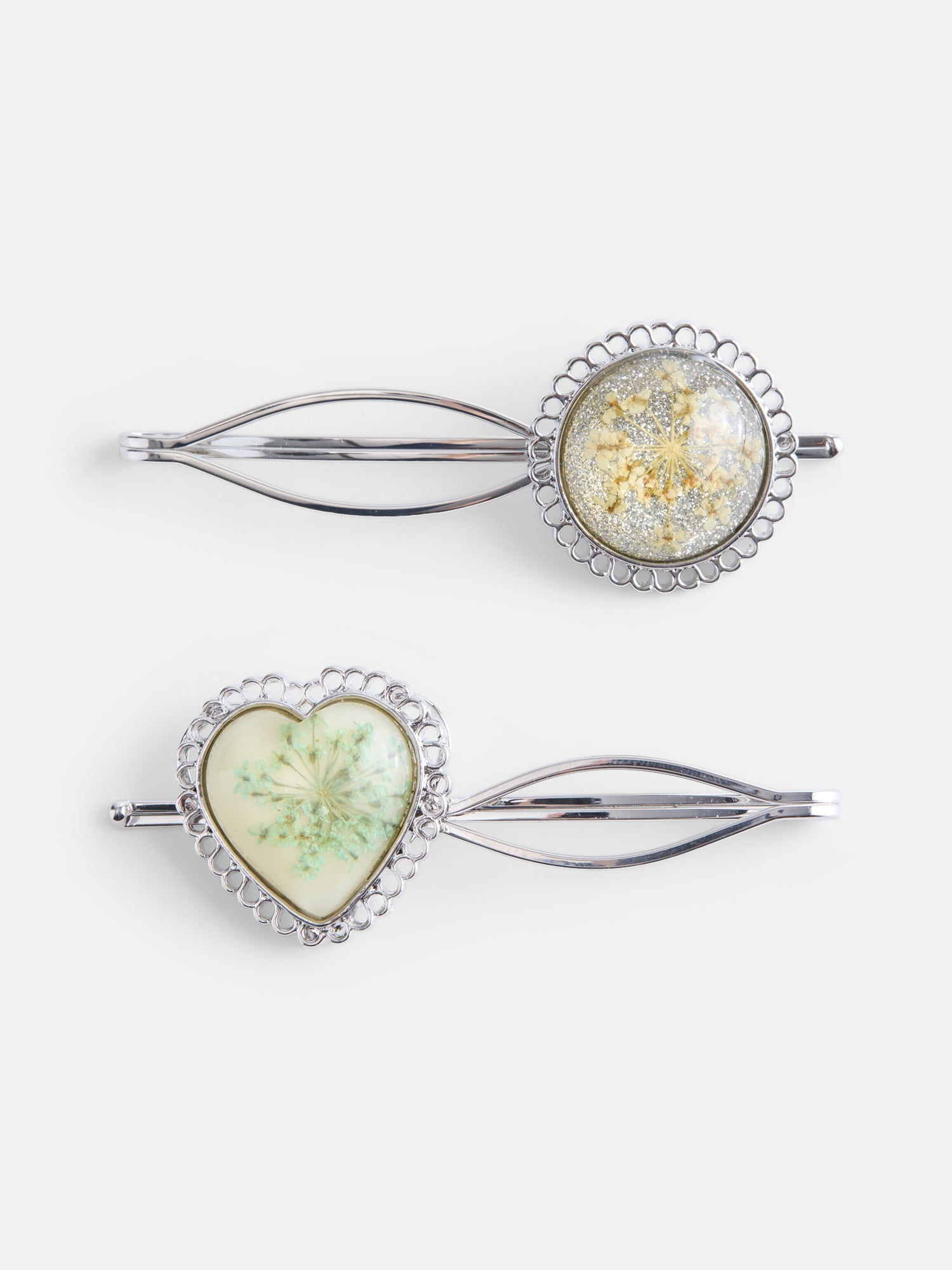No Boundaries Pressed Flower Hair Clips, 2-Pack, Women's, Green/Rhodium