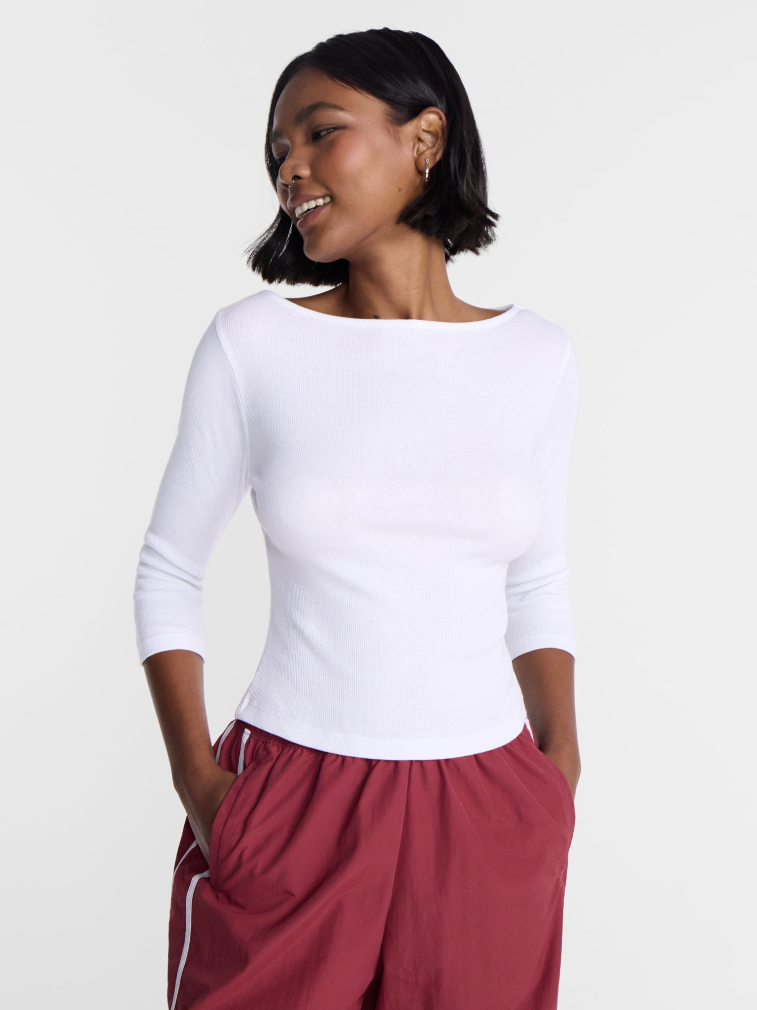 No Boundaries Cotton Tee with 3/4 Length Sleeves, Women’s XXS-XXL