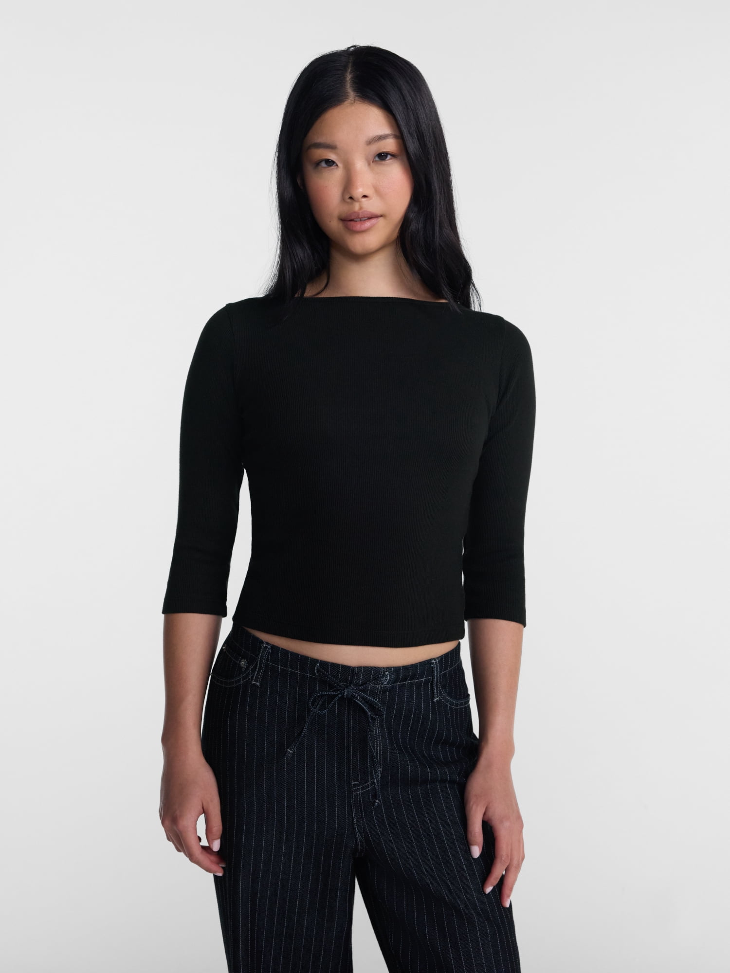 No Boundaries Cotton Tee with 3/4 Length Sleeves, Women’s XXS-XXL