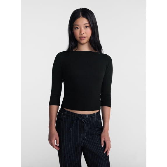 No Boundaries Cotton Tee with 3/4 Length Sleeves, Women’s XXS-XXL
