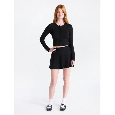 No Boundaries Cotton Button-Front Cardigan and Mid-Rise Mini Skort Set, 2-Piece, Women’s