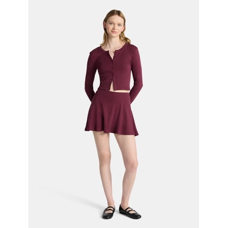No Boundaries Cotton Button-Front Cardigan and Mid-Rise Mini Skort Set, 2-Piece, Women’s