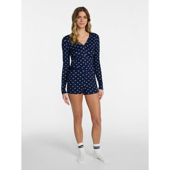 No Boundaries Giftable Henley Sleep Top and Shorts with Socks Set, 3-Piece, Women's XXS-3X