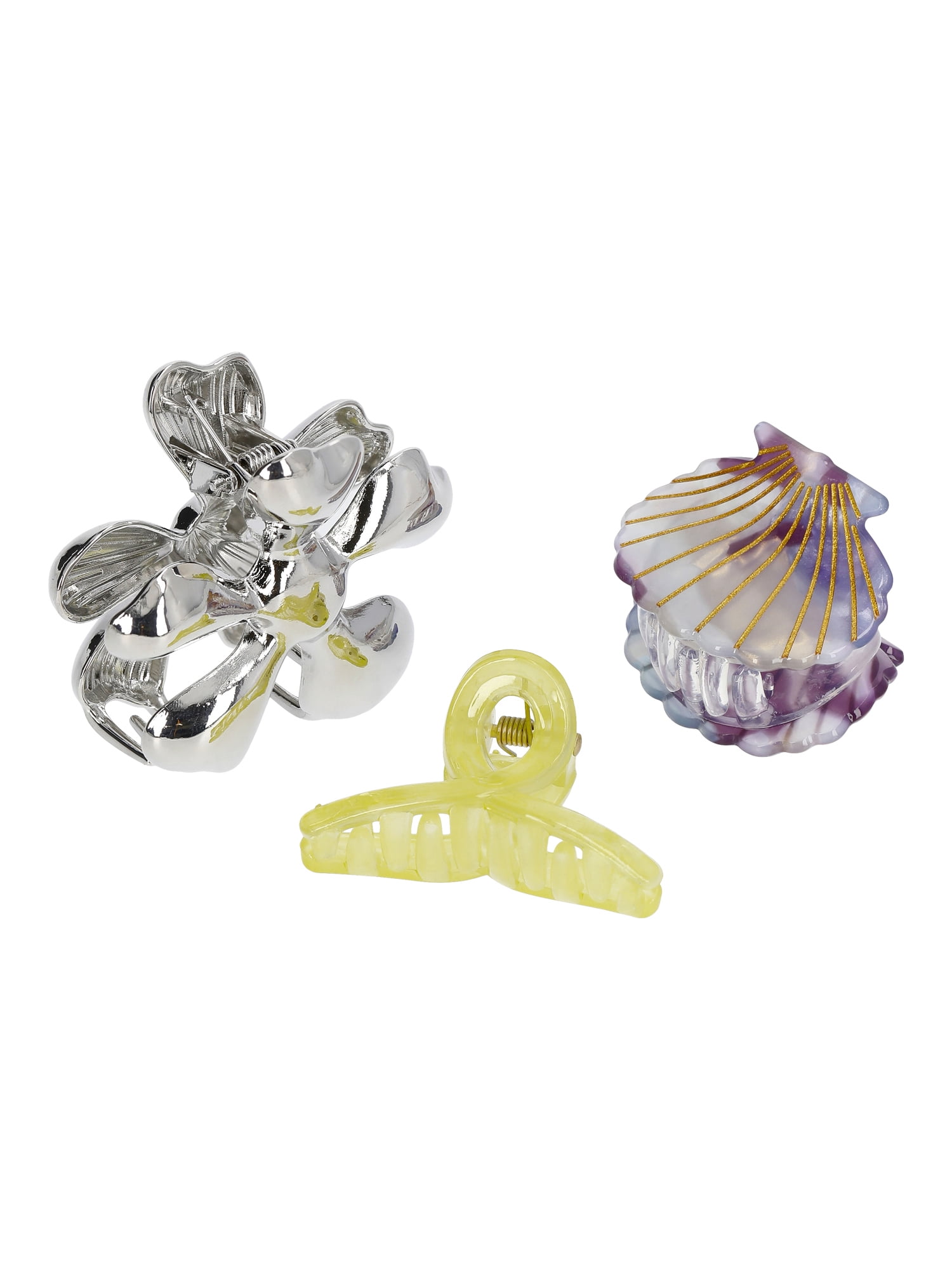 No Boundaries Mixed Claw Clips,3-Piece Set, Lime/Silver/Mint