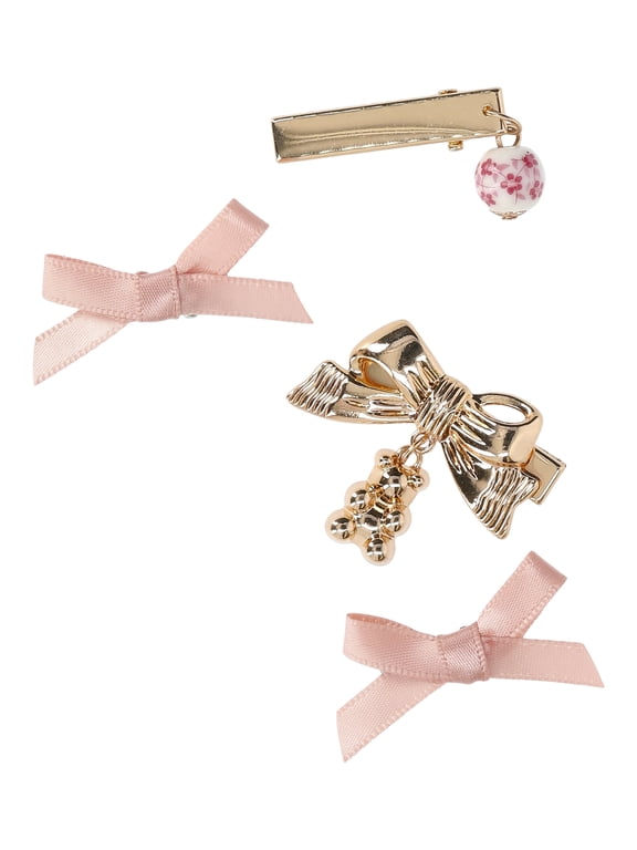 Bow and Charm 4-Piece Hair Clip Set - Blush/Gold Tone