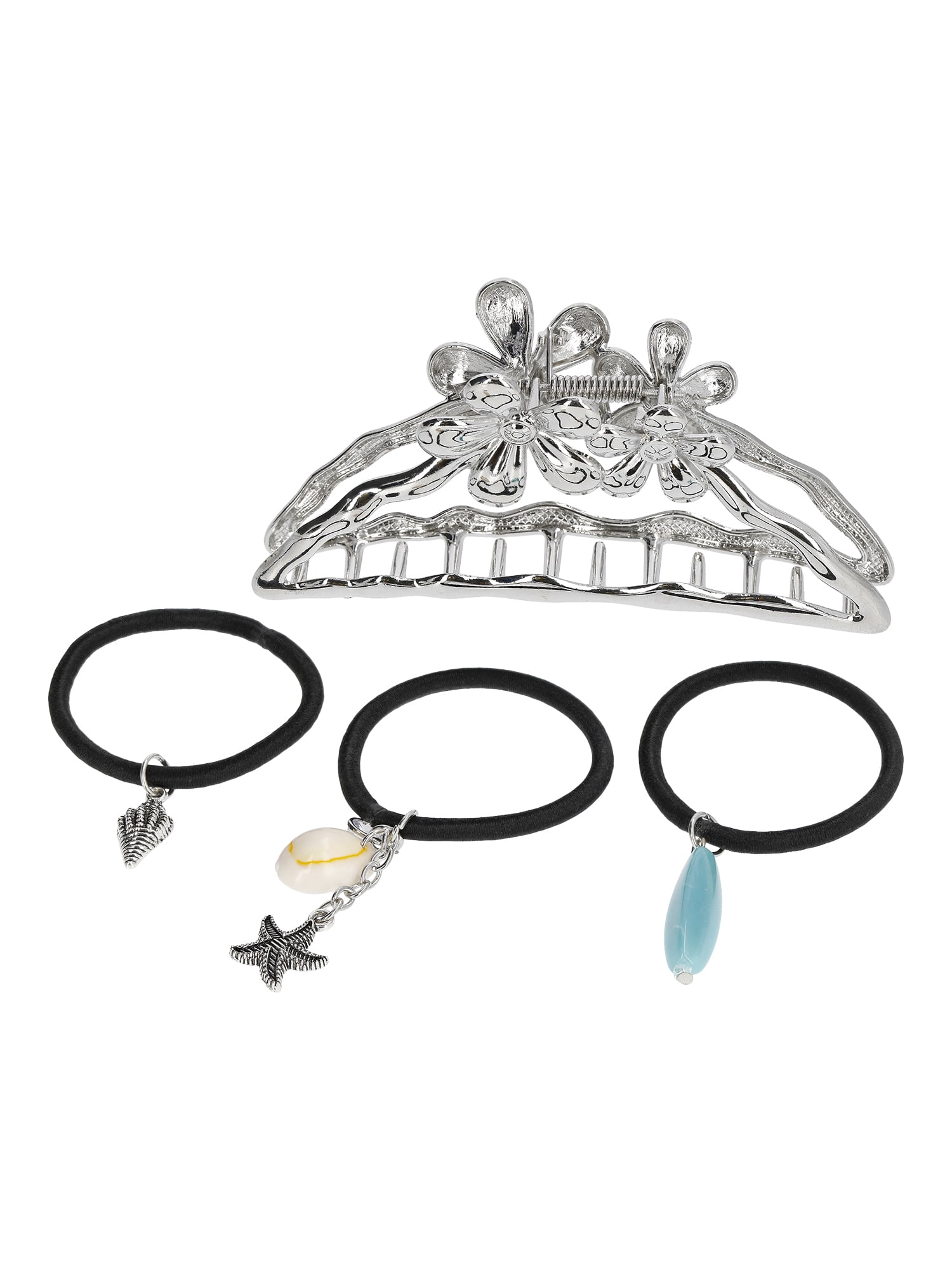 No Boundaries Claw Clip and Charm Hair Tie Set, 4-Piece, Silver Tone/Blue, Women's