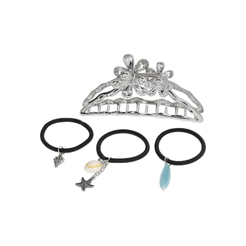 Claw Clip and Charm Hair Tie Set, 4-Piece, Silver Tone/Blue, Women's
