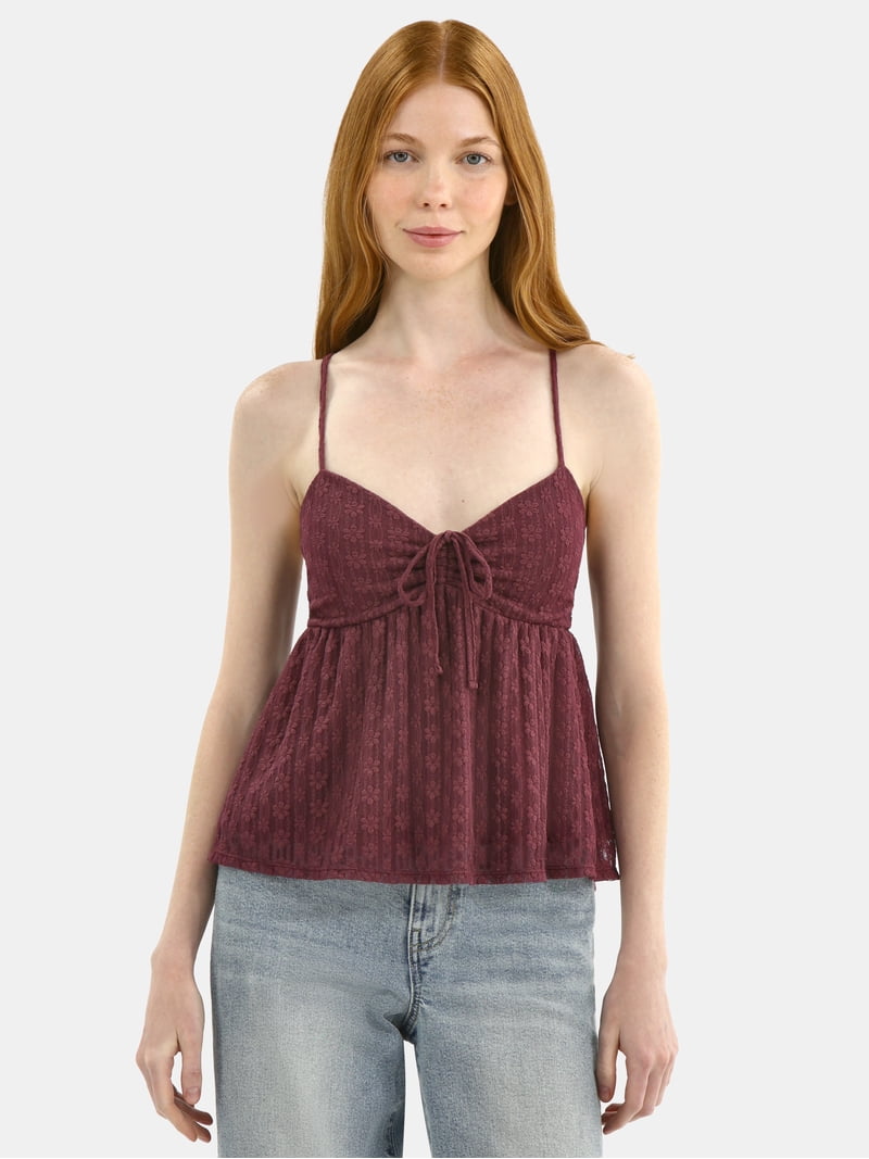 No Boundaries Women's Babydoll Lace Top with Adjustable Straps and