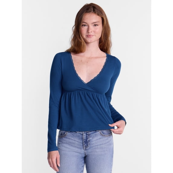 No Boundaries Babydoll Top with Long Sleeves, Women’s XXS-XXL