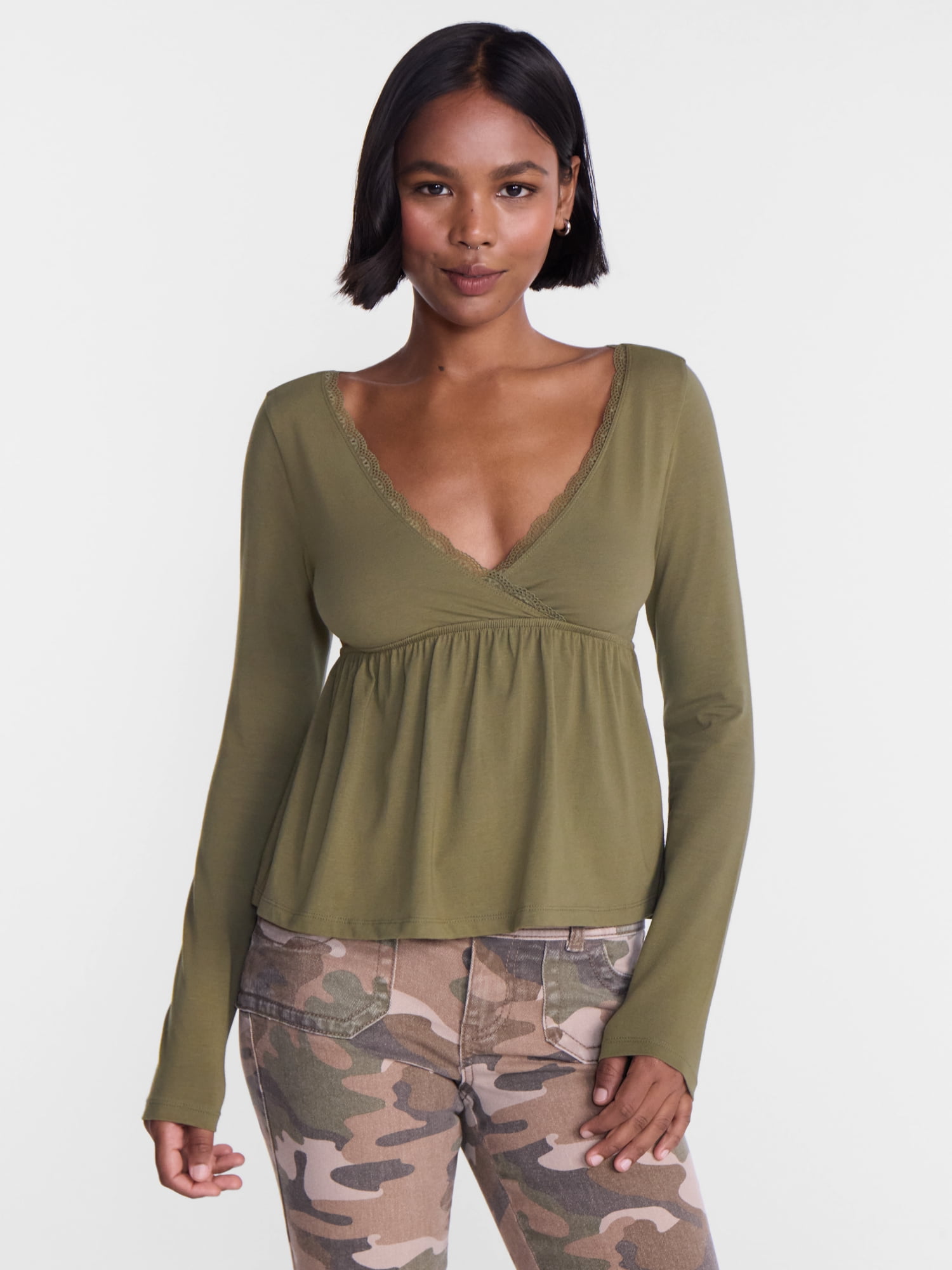 No Boundaries Babydoll Top with Long Sleeves, Women’s XXS-XXL
