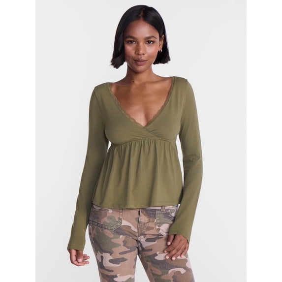 No Boundaries Babydoll Top with Long Sleeves, Women’s XXS-XXL