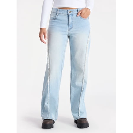 No Boundaries Baggy Wide Leg Jeans with Seams, 32" Inseam, Women's