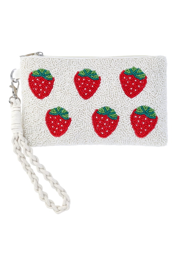 Women's Beaded Wristlet, Beige Strawberry