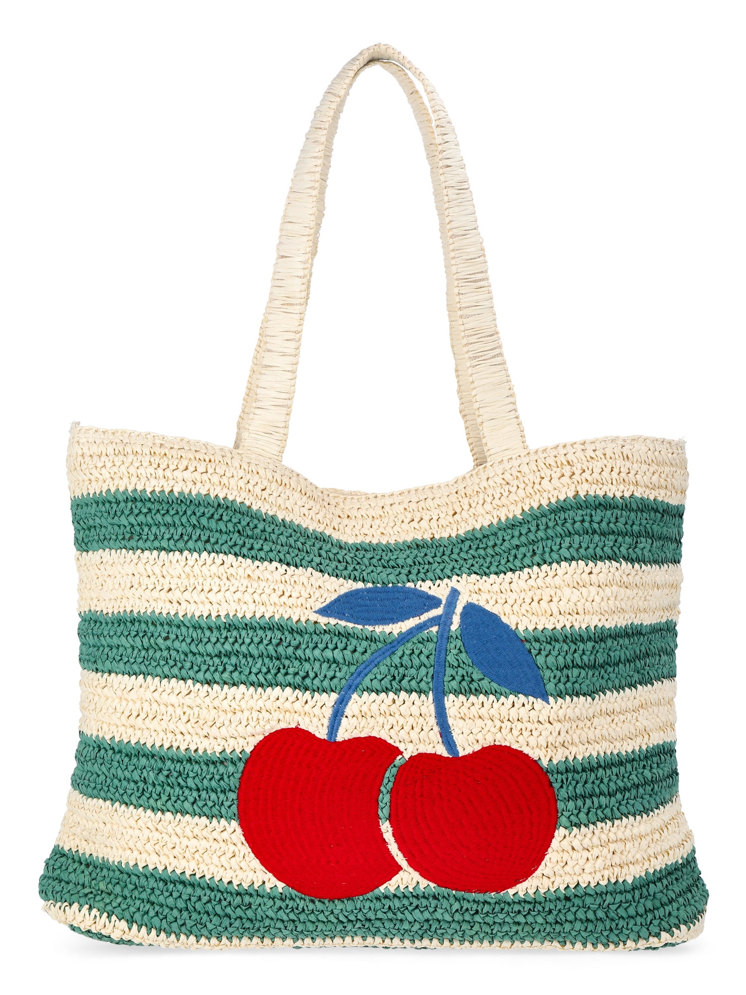 No Boundaries Women's Cherry Beach Tote Bag, Green Cherry