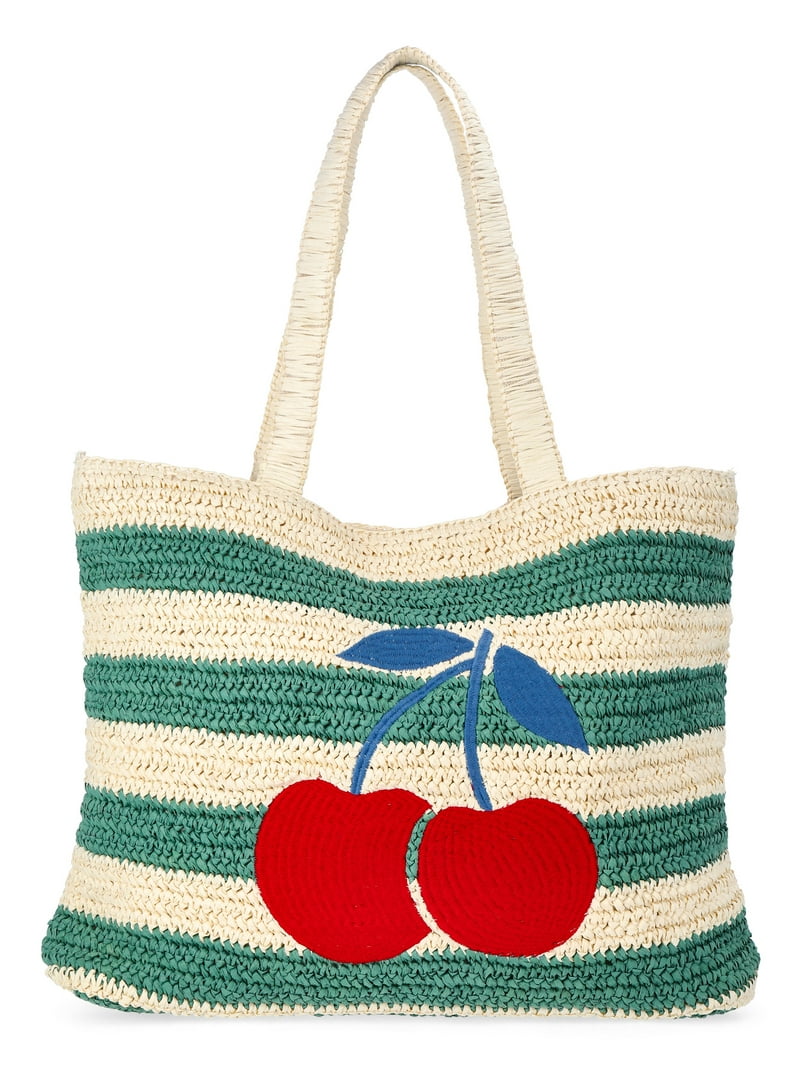 No Boundaries Women's Cherry Beach Tote Bag, Green Cherry