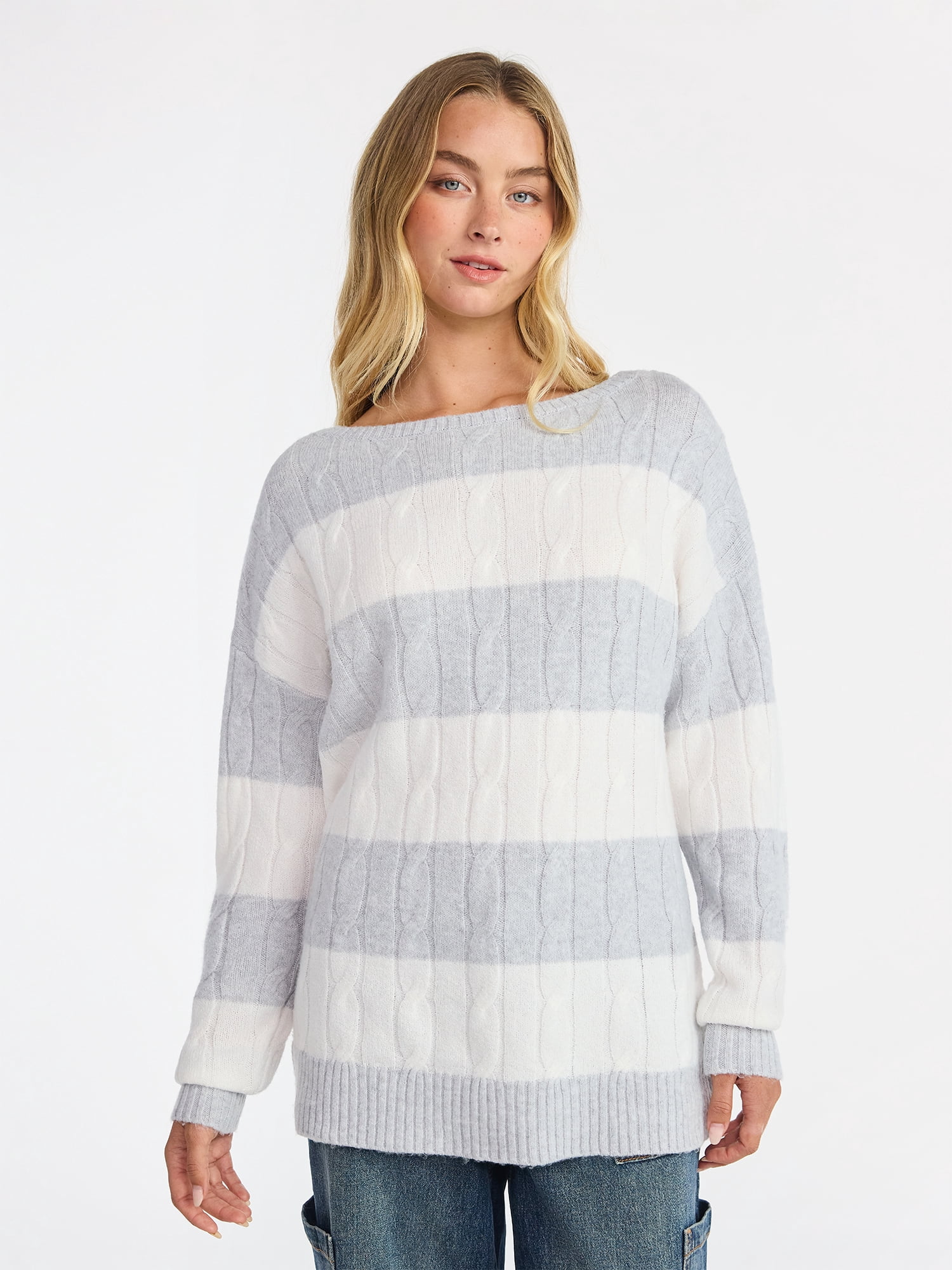 No Boundaries Boatneck Pullover Cable Knit Sweater, Lightweight, Women's