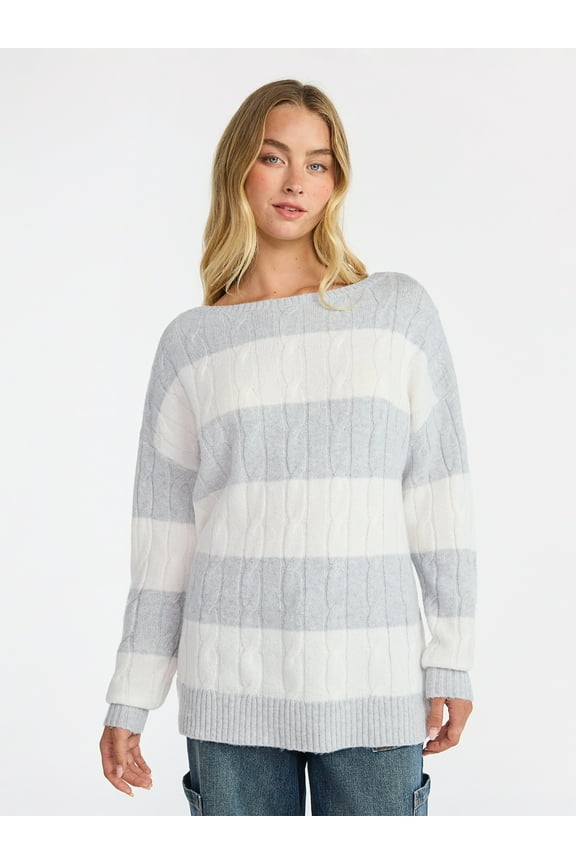 Boatneck Pullover Cable Knit Sweater, Lightweight, Women's