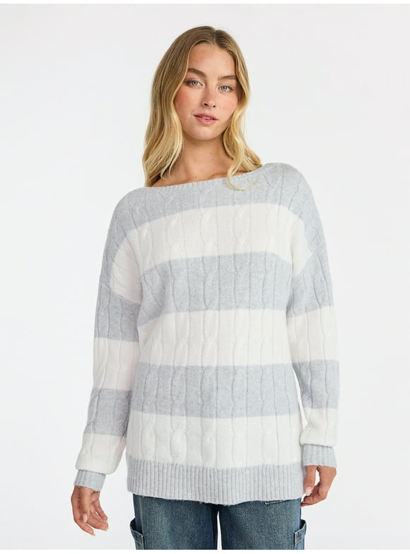 Boatneck Pullover Cable Knit Sweater, Lightweight, Women's