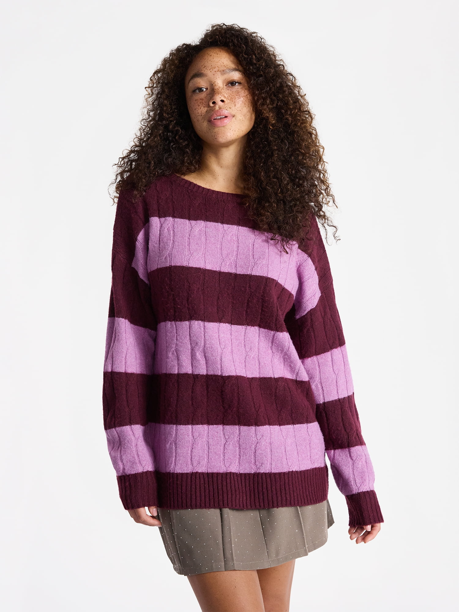 No Boundaries Boatneck Pullover Cable Knit Sweater, Lightweight, Women's