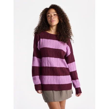 No Boundaries Boatneck Pullover Cable Knit Sweater, Lightweight, Women's