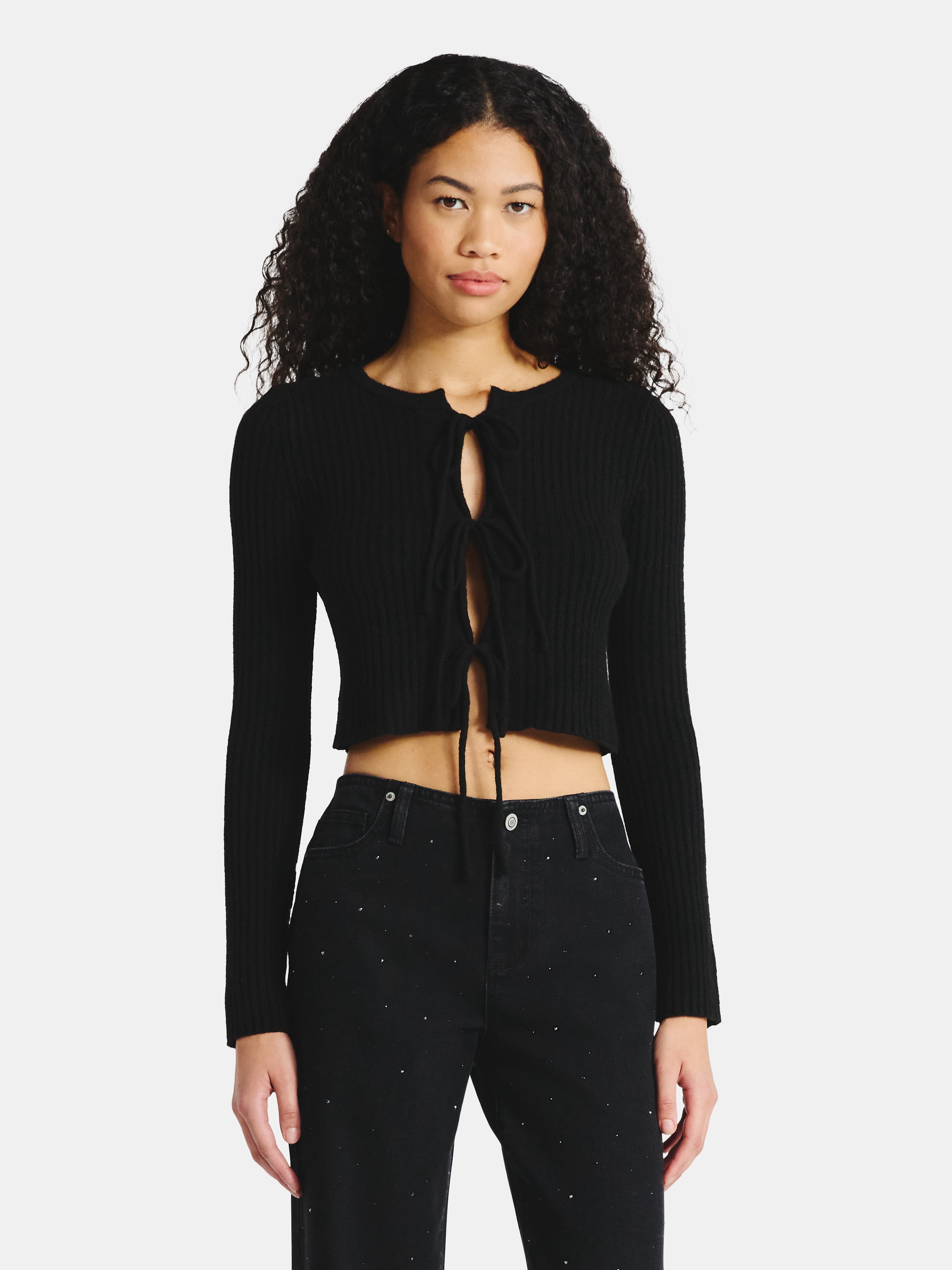No Boundaries Bow-Tie Ribbed Cardigan, Women's