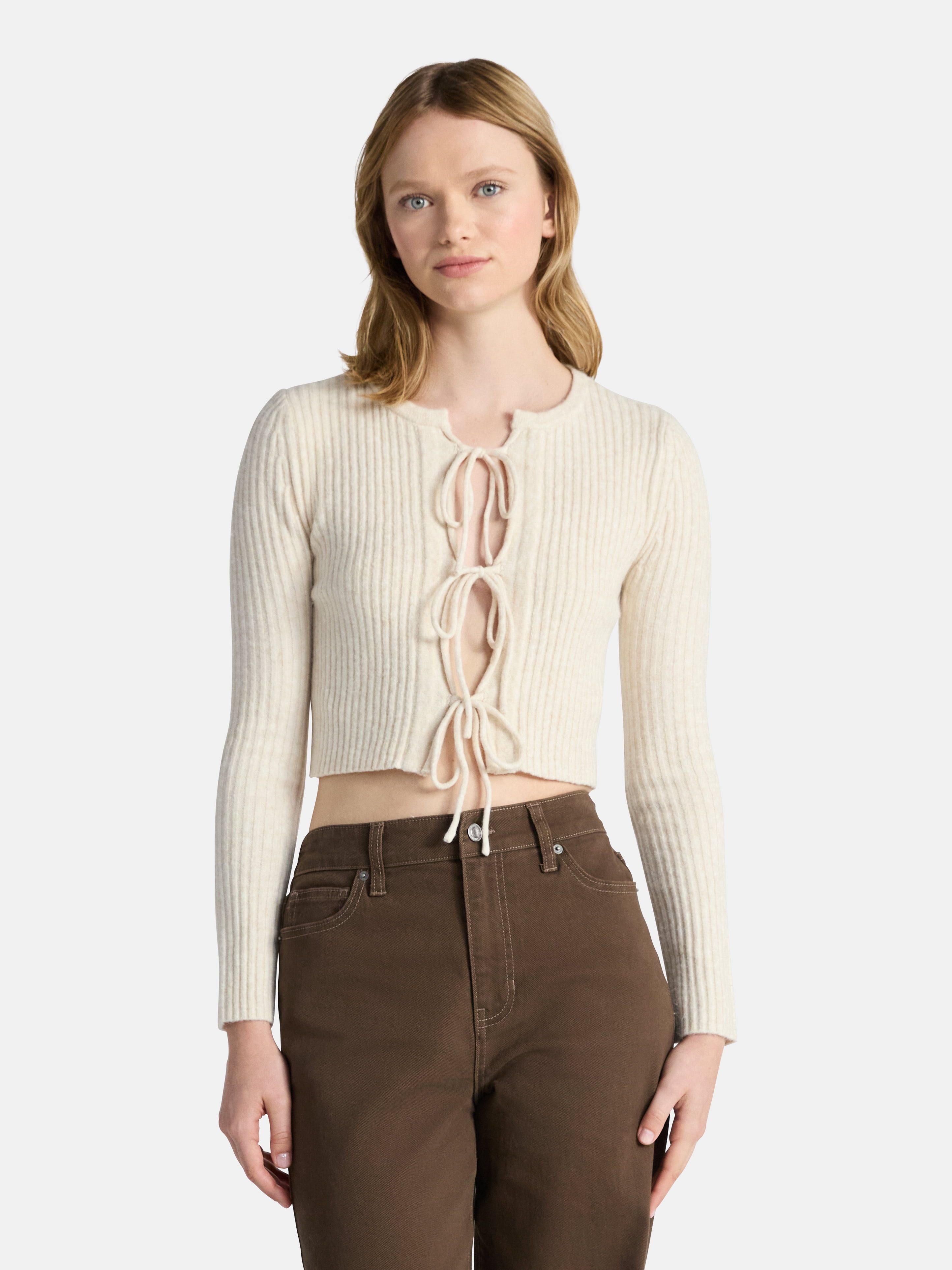 No Boundaries Bow-Tie Ribbed Cardigan, Women's