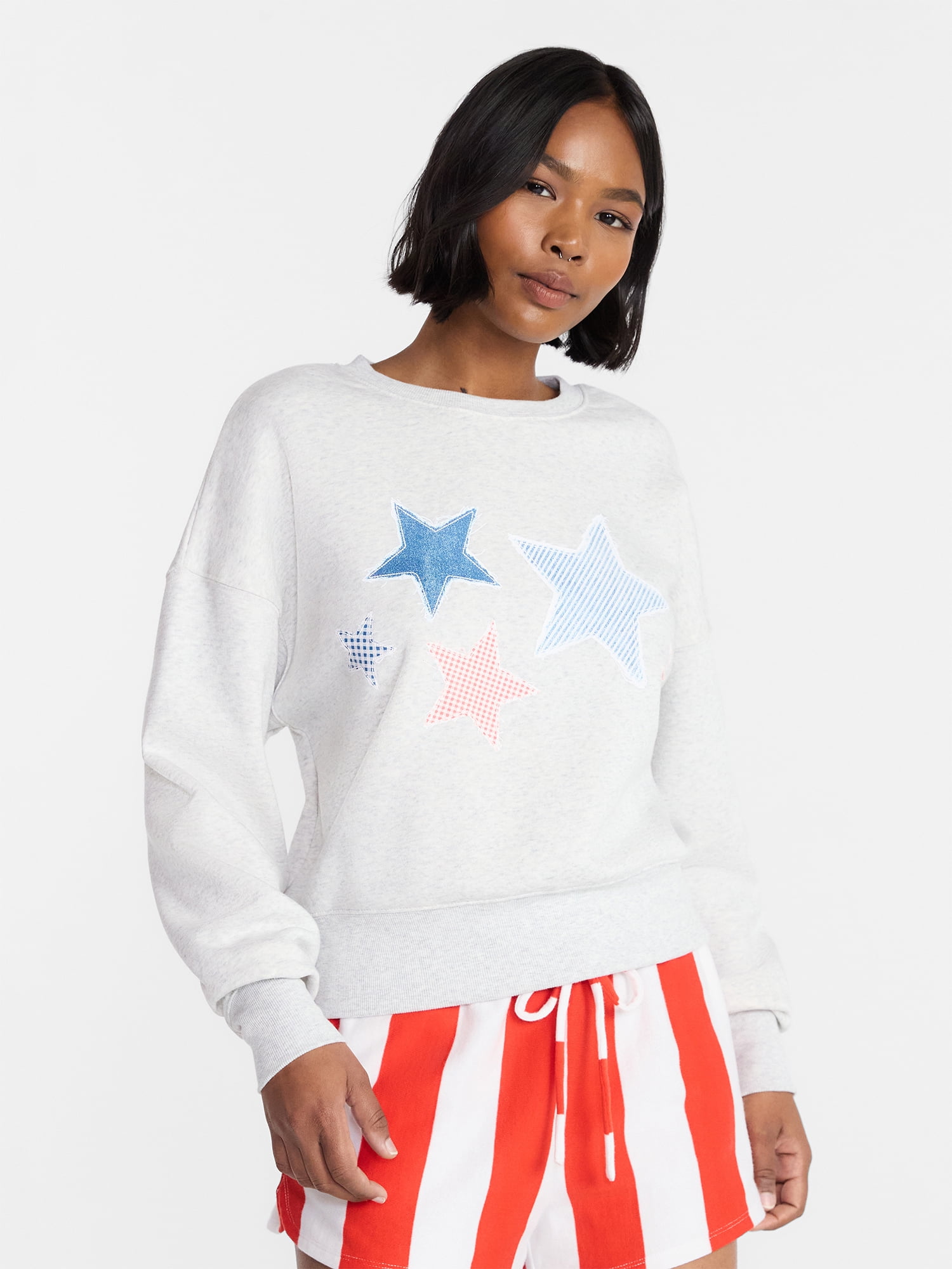 No Boundaries Boxy Americana Sweatshirt with Long Sleeves, Women's XXS-4X