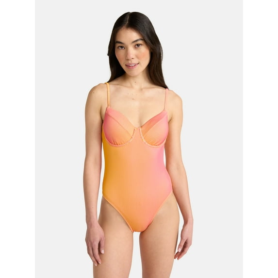 No Boundaries Ribbed One Piece Swimsuit, Women’s