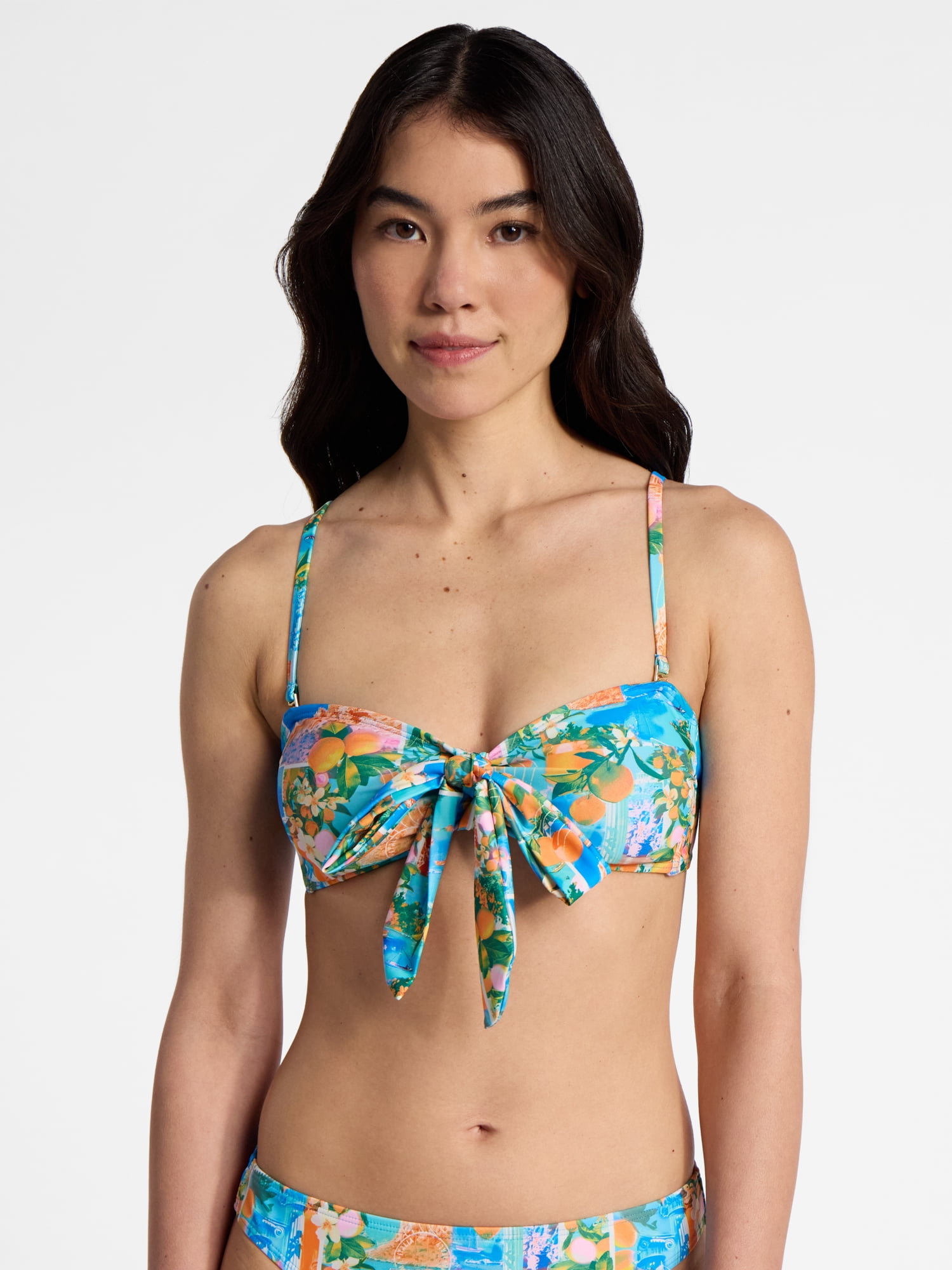 No Boundaries Postcard Printed Tie Front Bikini Top, Women’s
