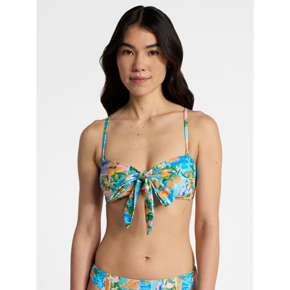 No Boundaries Postcard Printed Tie Front Bikini Top, Women’s