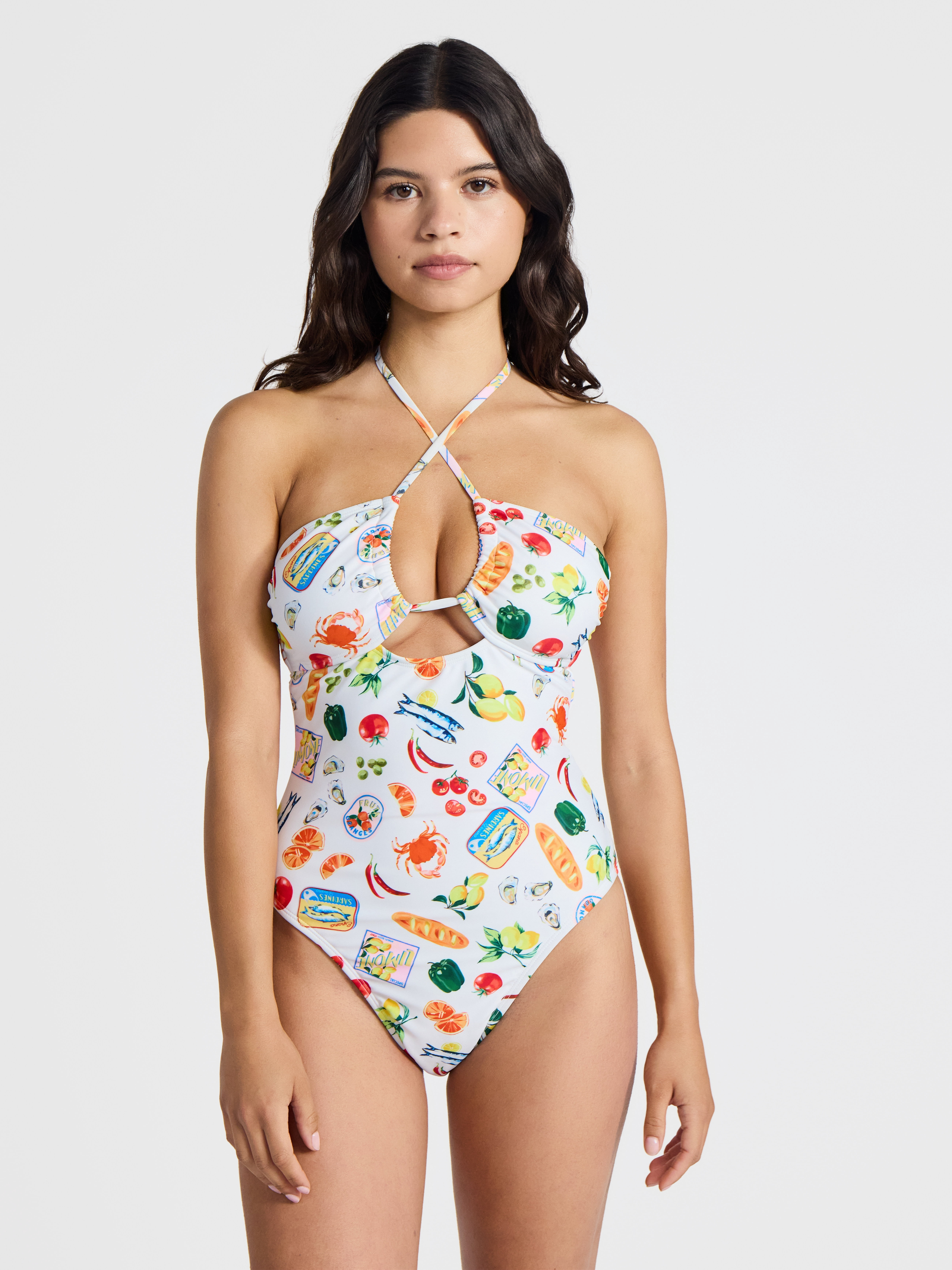 No Boundaries Kitschy Printed Halter One-Piece Swimsuit, Women’s
