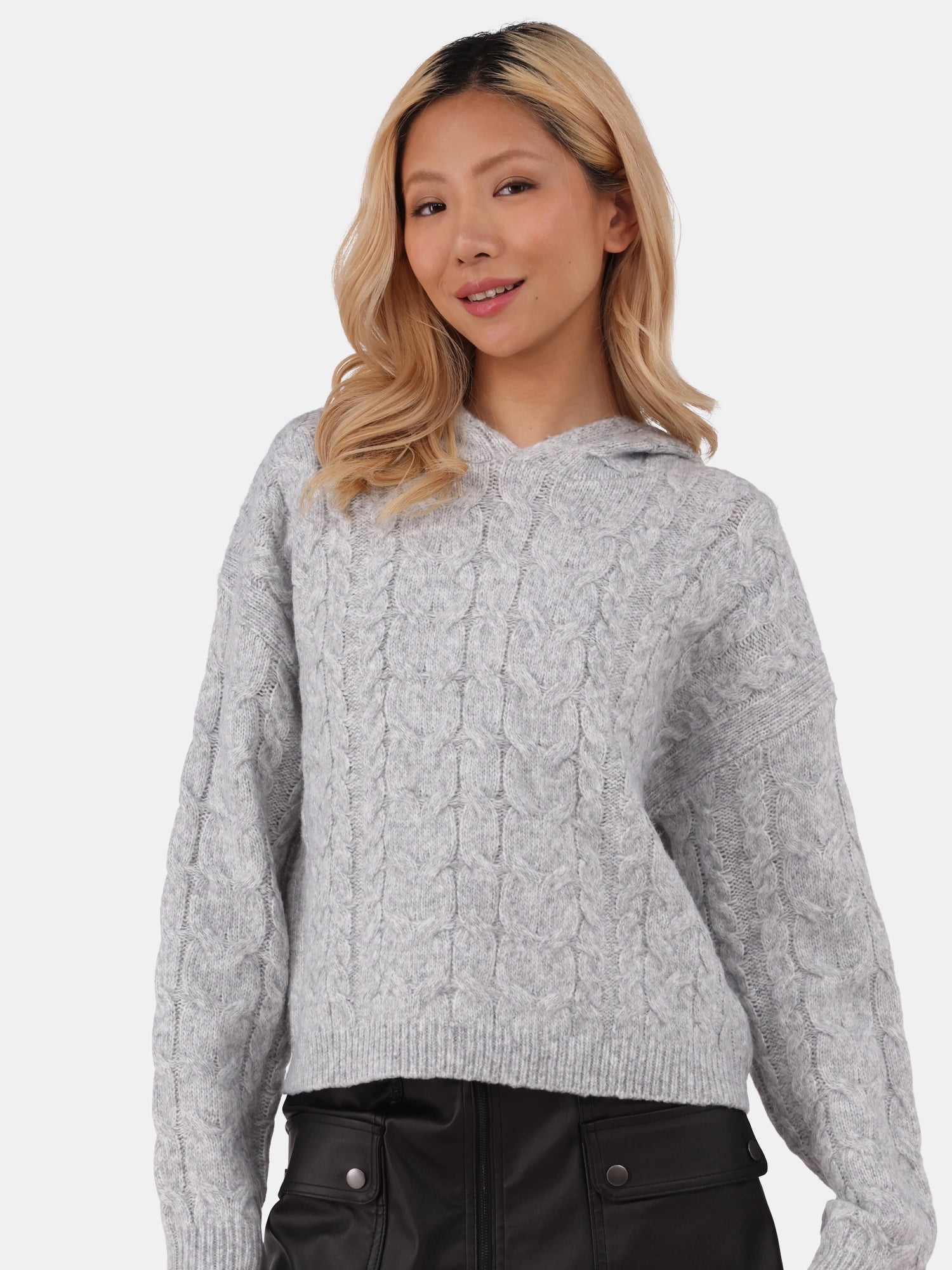 No Boundaries Cable Knit Hoodie Pullover, Women's and Women’s Plus