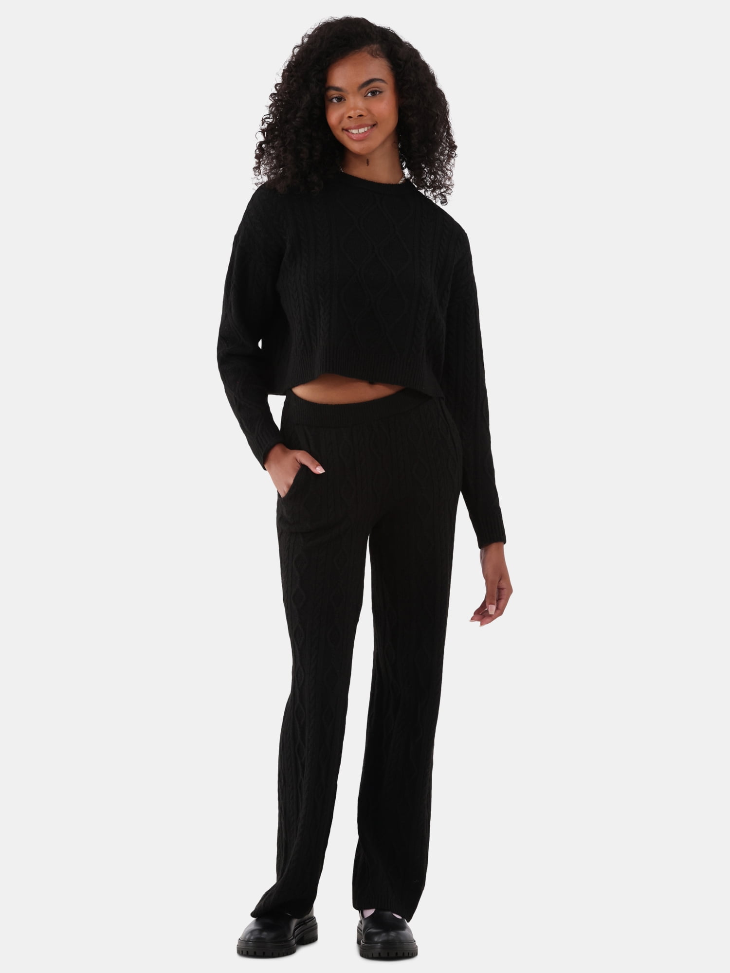 No Boundaries Mixed Stitch Crew Neck Sweater and Pant Set, 2-Piece, Woman's
