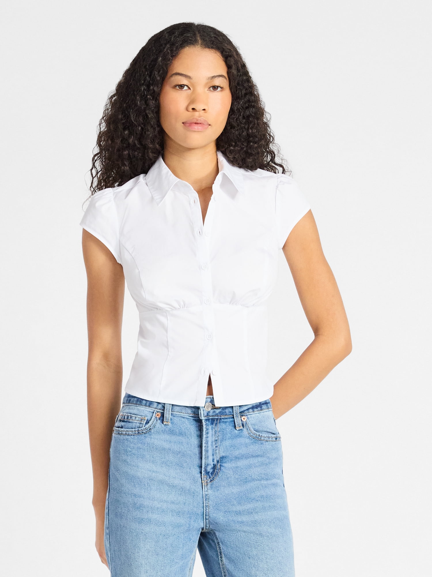 No Boundaries Corset Collared Top with Cap Sleeves, Women's