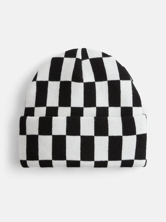 Women's Ribbed Knit Checkered Beanie
