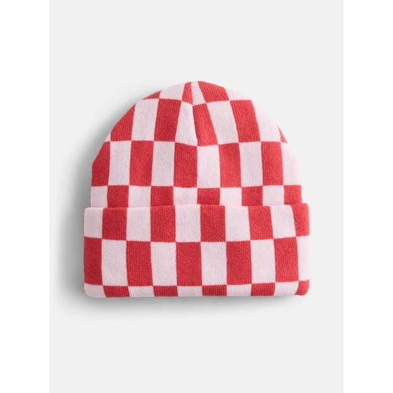 No Boundaries Women's Ribbed Knit Checkered Beanie